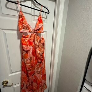 Vibrant Orange and Red Floral Dress cut out backless